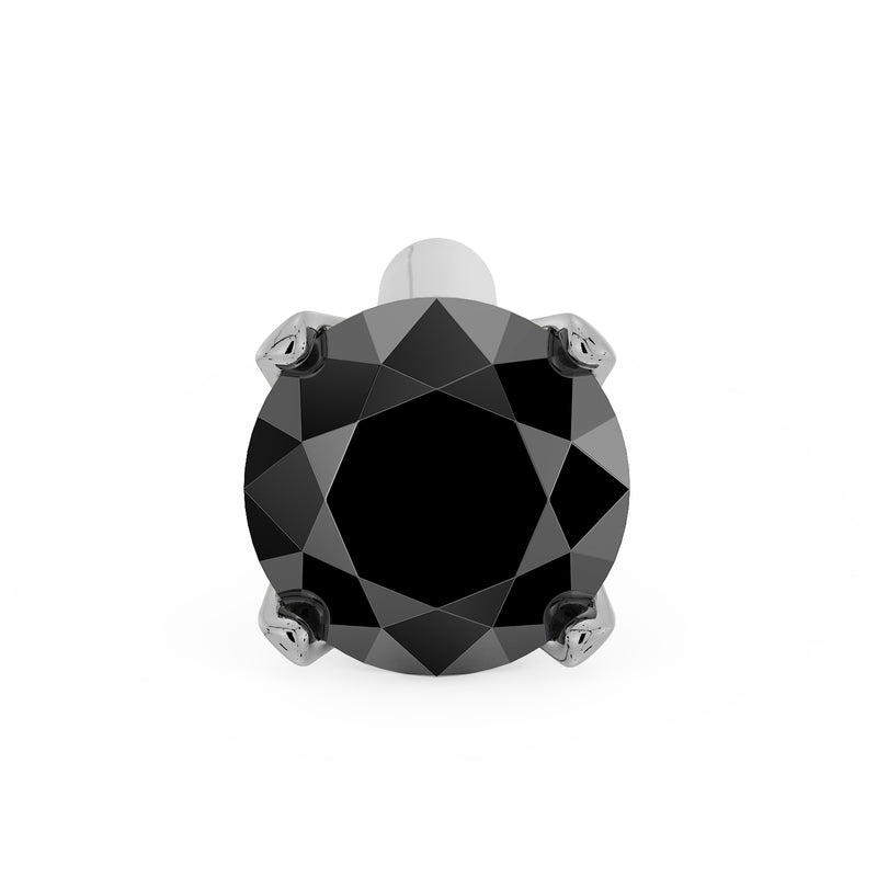 Top-down view of white gold straight post nose stud with 2.5mm black diamond in 4-prong setting