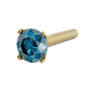 14k yellow gold blue diamond nose straight post stud, angled view showing prong detail