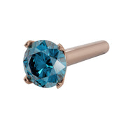 14k rose gold blue diamond nose straight post stud, angled view showing 4-prong setting