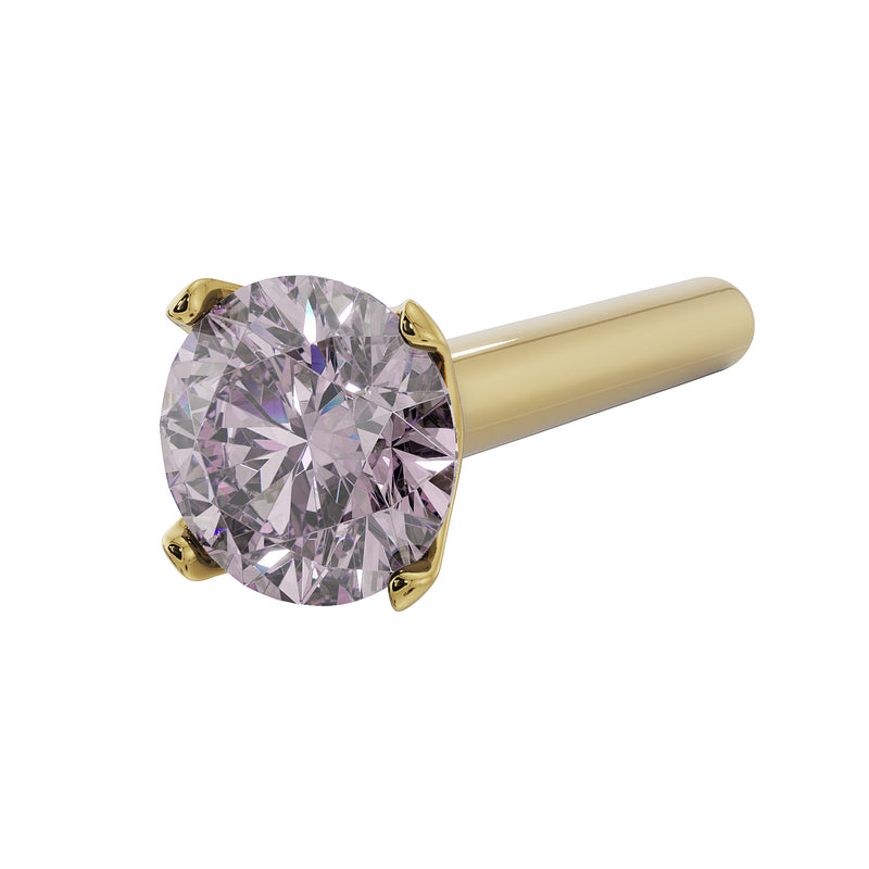 14k yellow gold pink diamond straight-post nose stud, angled view of 2.5mm prong-set stone