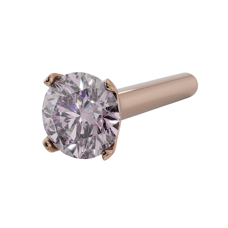 14k rose gold pink diamond straight-post nose stud, angled close-up of 4-prong setting