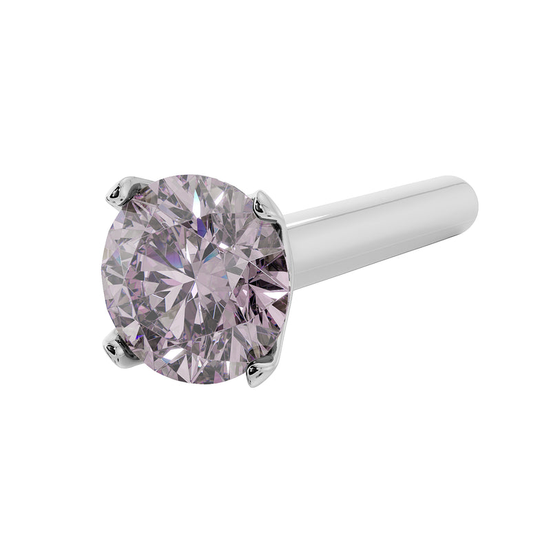 14k white gold pink diamond straight-post nose stud, angled view showing stone and post length