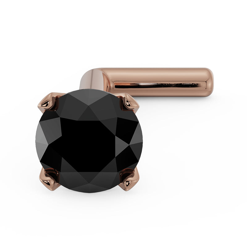 14k rose gold 3mm black diamond L-post nose stud, angled view showing rose gold L-shaped post