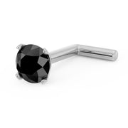 14k white gold 3mm black diamond nose stud with L-post, angled view from stone side