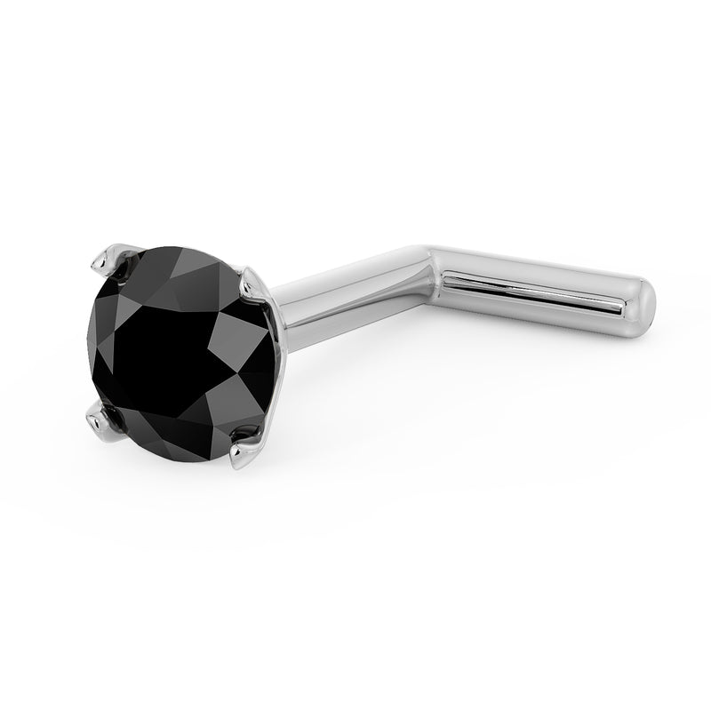 14k white gold 3mm black diamond nose stud with L-post, angled view from stone side