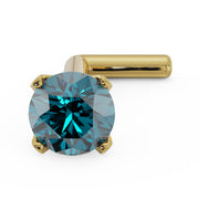 14k yellow gold 3mm blue diamond nose stud with L-post style, angled front view of prong setting