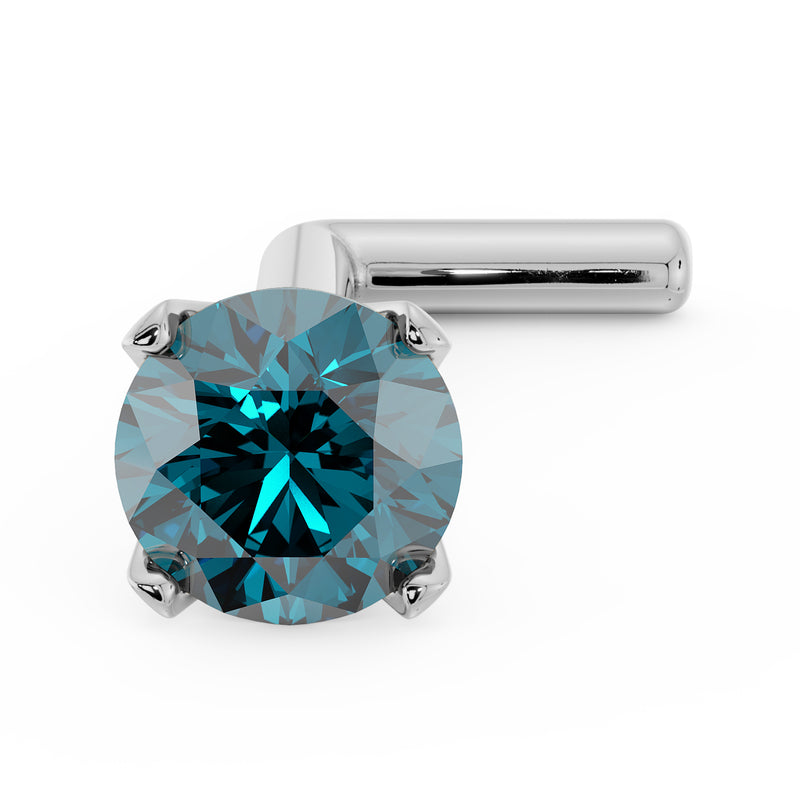 14k white gold 3mm blue diamond L-post nose stud, angled front view highlighting prong and stone