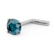 14k white gold blue diamond nose stud with L-post, side-angled view showing prong setting and post