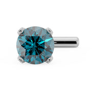 14k white gold blue diamond L-post nose stud, top-angled close-up of four-prong setting and stone