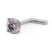 14k white gold 3mm pink diamond L-post nose stud, angled side view showing L-bend post shape