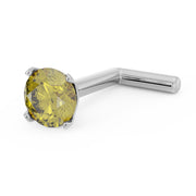 14k white gold yellow diamond nose stud with L-post, side-angled view showing post bend clearly