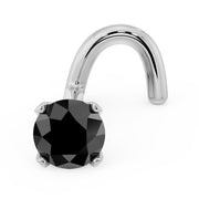 14k white gold 3mm black diamond nose screw, angled view highlighting faceted stone and twist post