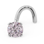 14k white gold pink diamond twist nose ring stud, angled front view showing corkscrew post style