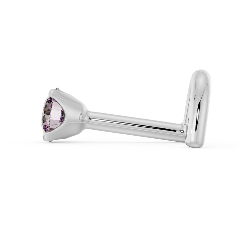 14k white gold 3mm pink diamond L-post nose stud, side view showing post length and low-profile fit