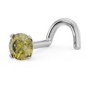 Side angle of 14k white gold yellow diamond twist nose stud showing post curve and prong detail