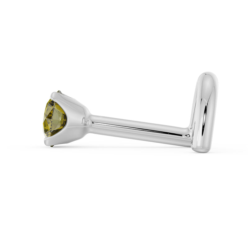 Side profile of 14k white gold yellow diamond nose stud showing L-post shape and post length