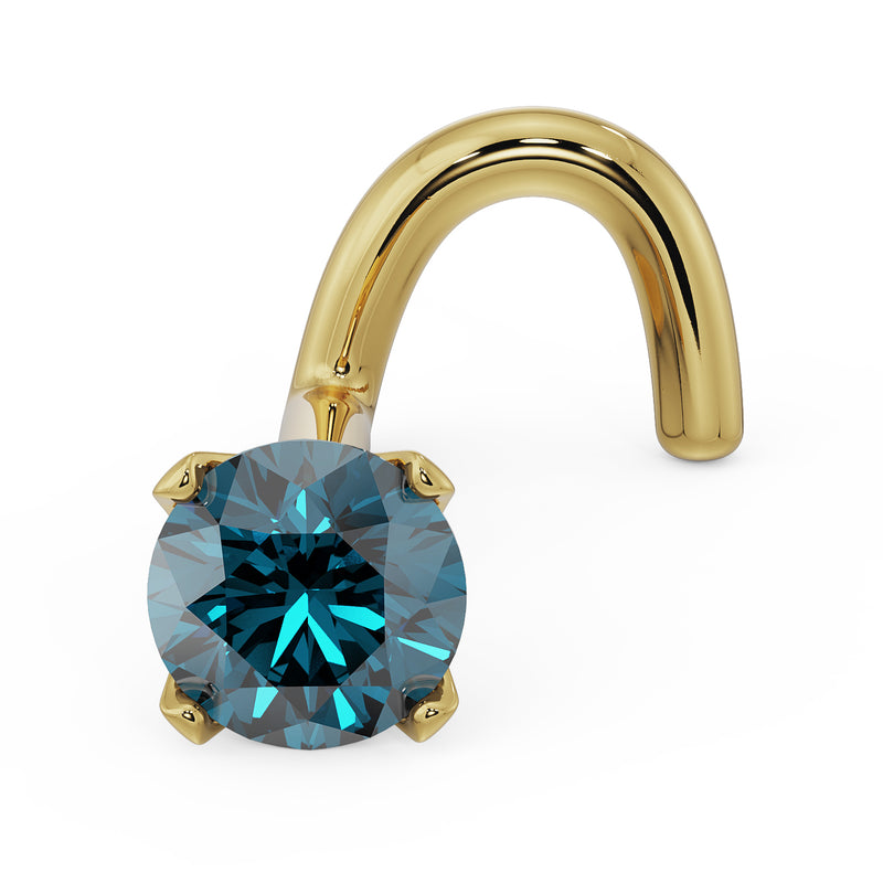 14k yellow gold 3mm blue diamond nose ring twist stud, angled view showing prong setting and post
