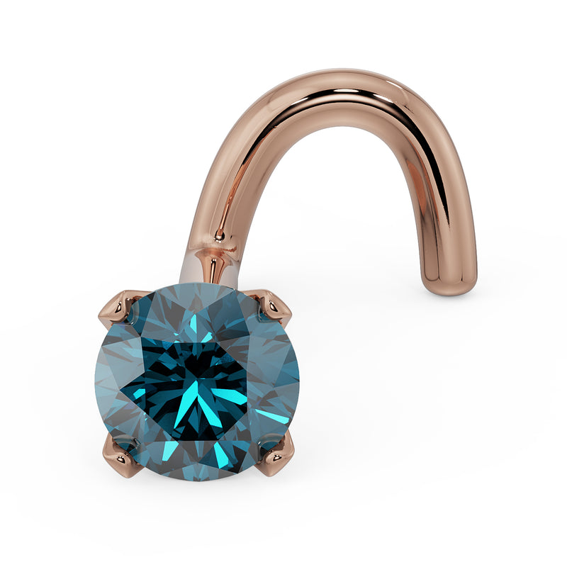 14k rose gold 3mm blue diamond nose ring twist stud showing prong setting and curved post