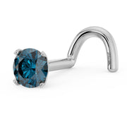 14k white gold 3mm blue diamond nose stud with twist post, angled side profile view