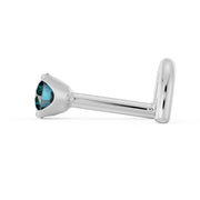 Side profile of 14k white gold blue diamond nose stud showing L-post shape and low-profile setting