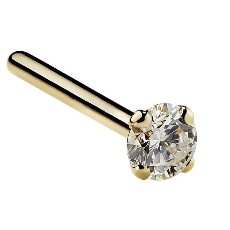 14k yellow gold 1.5mm diamond straight post nose stud, 18G, close-up of prong set diamond
