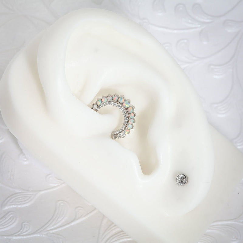 3mm diamond bezel flat back stud in lobe of white ear mannequin, styled with opal helix hoop