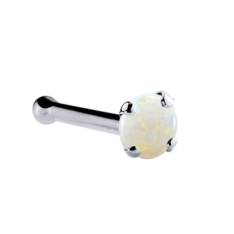 14K white gold genuine opal nose bone, 1.5mm tiny opal with silver-toned ball-end backing