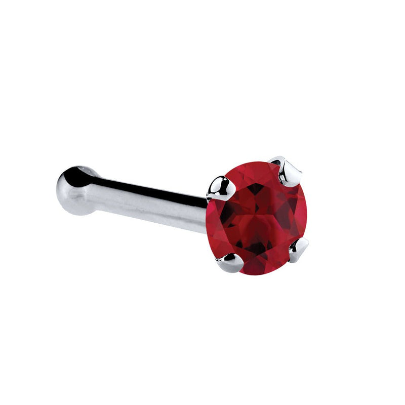 14K white gold genuine ruby nose bone with 1.5mm tiny red stone and ball-end post, side view
