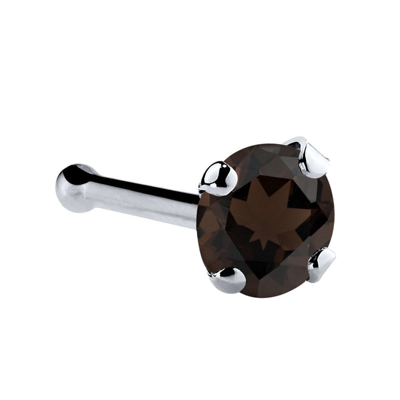 14K white gold smokey quartz nose bone showing 3mm large brown stone in four-prong setting