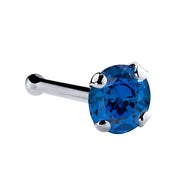 14K white gold blue sapphire nose bone with 3mm large round stone in four-prong setting, side view