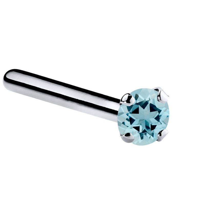 14K white gold aquamarine straight pin post nose ring with 1.5mm tiny blue stone