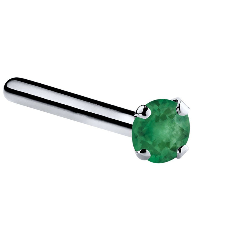 Platinum genuine emerald straight pin nose stud with tiny 1.5mm prong-set green emerald