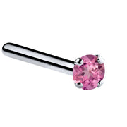 14K white gold pink tourmaline straight post nose ring with 1.5mm tiny genuine stone, side view