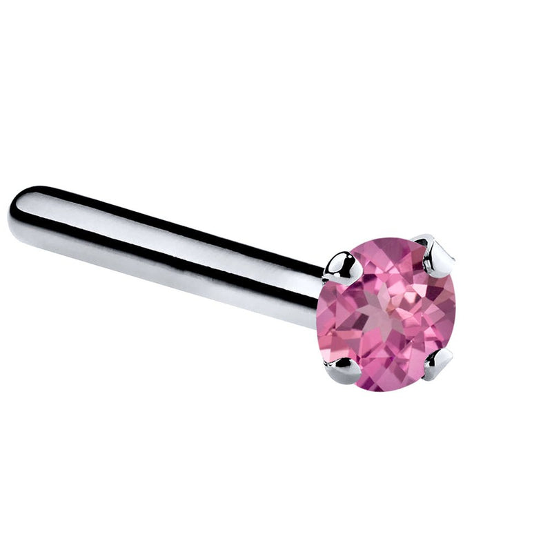 14K white gold pink tourmaline straight post nose ring with 1.5mm tiny genuine stone, side view