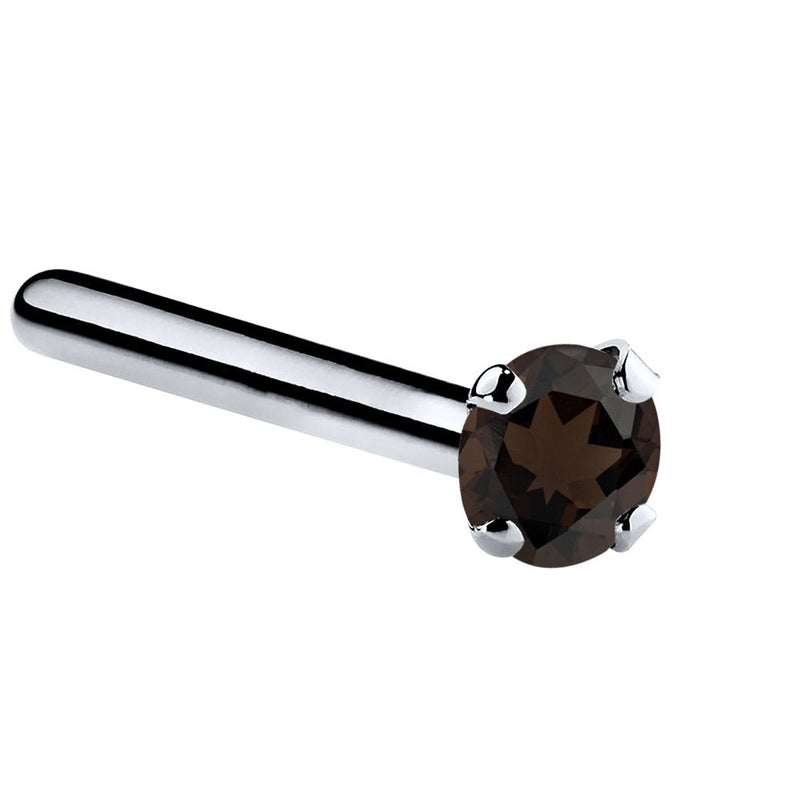 14K white gold smokey quartz straight pin post nose ring with 1.5mm tiny brown stone