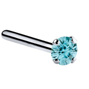 14K white gold straight pin nose ring with 2mm genuine blue zircon, standard size flat post
