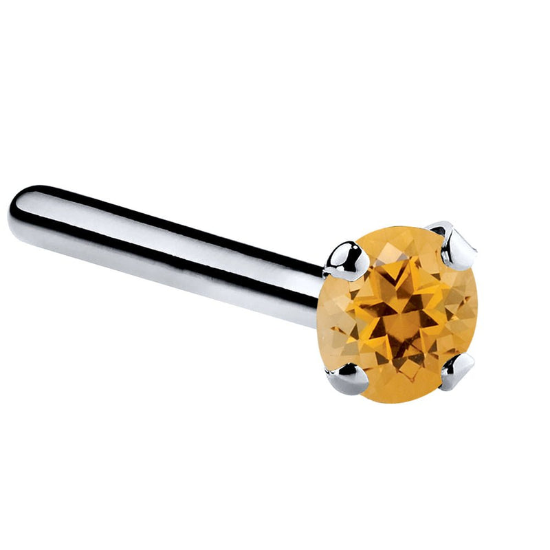 14K white gold citrine straight pin nose stud with 2mm standard round orange citrine