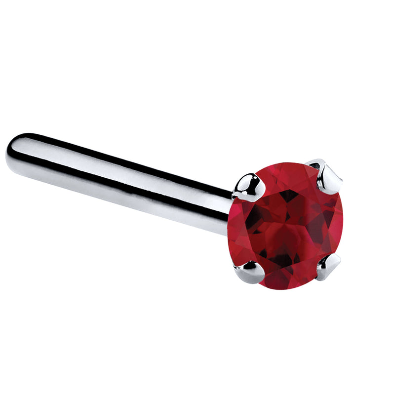 14K white gold genuine ruby straight post nose ring with 2mm standard red ruby, pin-end view