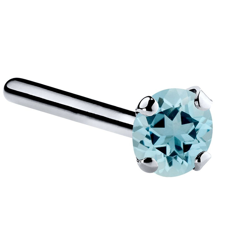 14K white gold aquamarine straight pin post nose ring with 3mm large blue stone