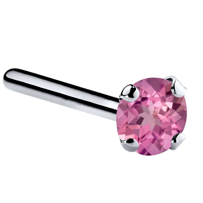 14K white gold pink tourmaline straight post nose ring with 3mm large genuine gemstone in prong setting