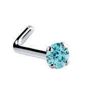 14K white gold L-shape nose ring with 1.5mm genuine blue zircon, tiny four-prong setting