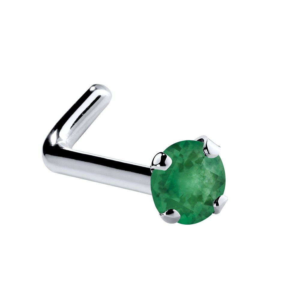 Genuine Emerald 14K Gold Nose Ring-14K White Gold   L Shape   1.5mm (tiny)