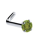 14K white gold peridot L-shape nose ring with 1.5mm tiny genuine green stone, side view