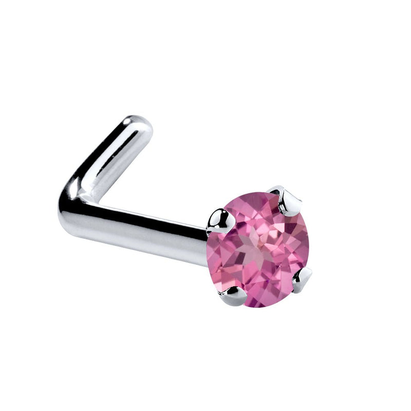 14K white gold pink tourmaline L-shape nose ring with 1.5mm tiny genuine stone, L-bend visible