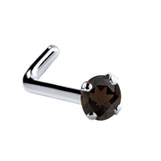 14K white gold smokey quartz L-shape nose ring with 1.5mm tiny brown stone, side view