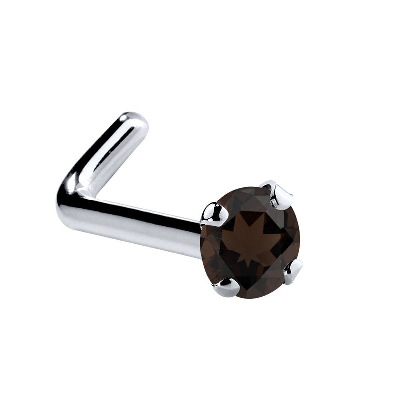 14K white gold smokey quartz L-shape nose ring with 1.5mm tiny brown stone, side view