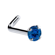 14K white gold blue sapphire L-shape nose ring with 1.5mm tiny stone and four-prong setting