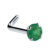 14K white gold genuine emerald L-shape nose ring with standard 2mm prong-set green emerald