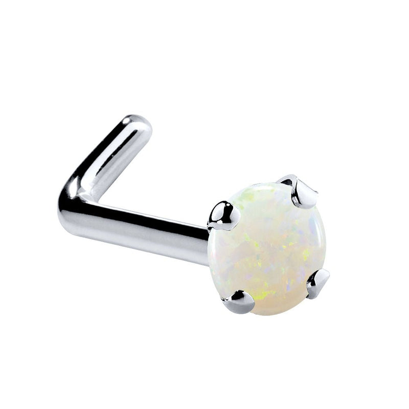 14K white gold genuine opal L-shape nose ring, 2mm standard opal cabochon in white gold