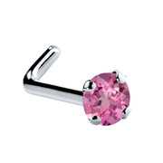 14K white gold pink tourmaline L-shape nose ring with 2mm standard genuine tourmaline, side view